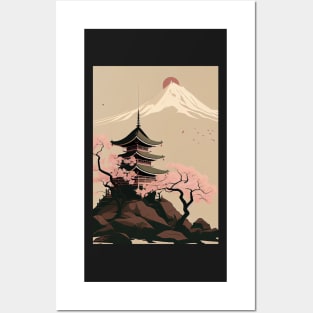 Serene Serenity: Minimal Japanese Temple, Cherry Blossoms and Mount Fiji Posters and Art